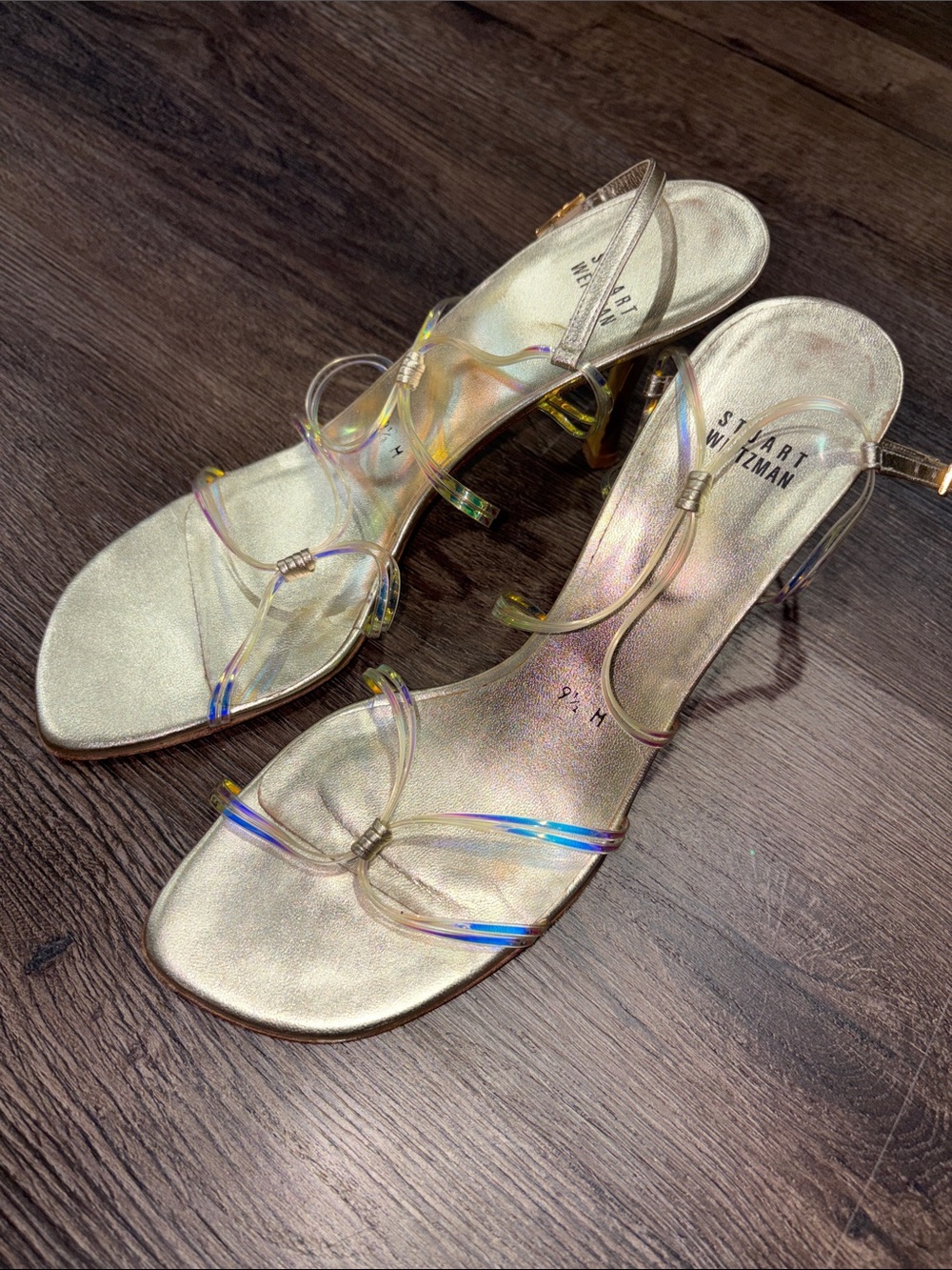 Stuart Weitzman Iridescent Gold Clear-Strap Sandals